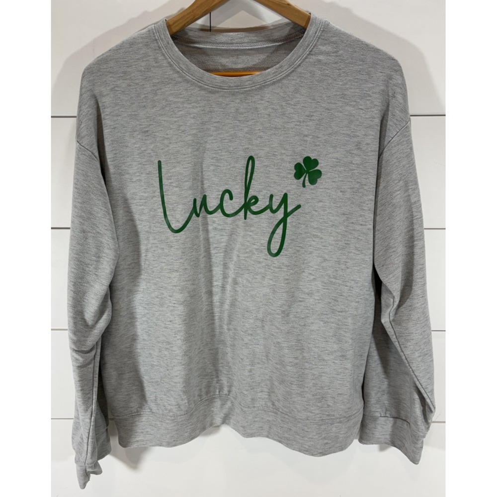 Lucky Shamrock Clover Leaf St Patricks Day Irish Grey Crewneck Sweatshirt Size S